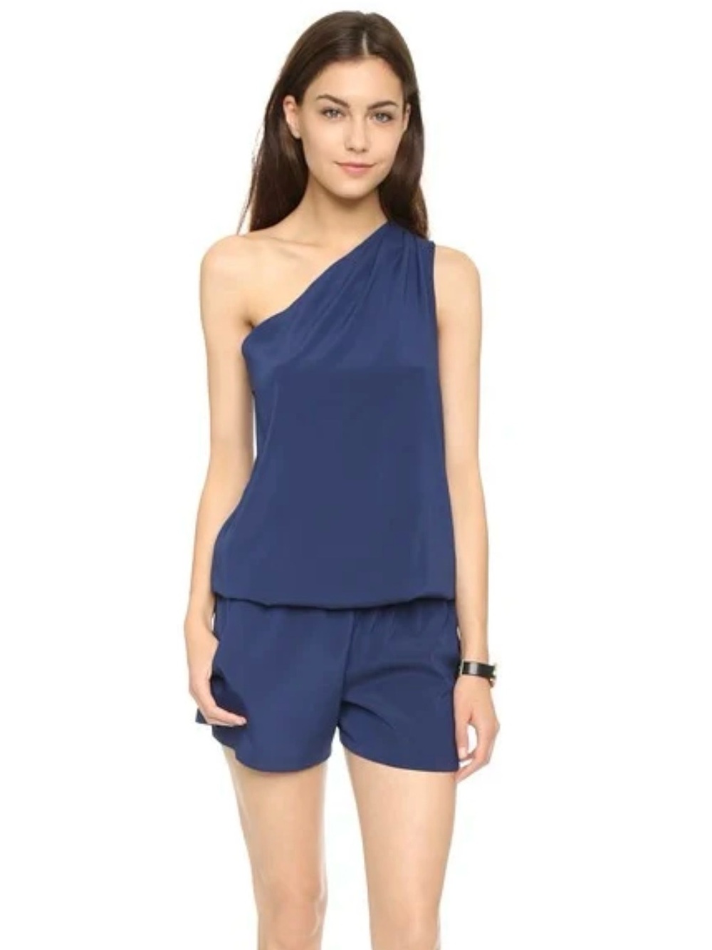 RAMY BROOK Silk Lulu one shoulder romper with pockets Navy Blue Womens Sz M